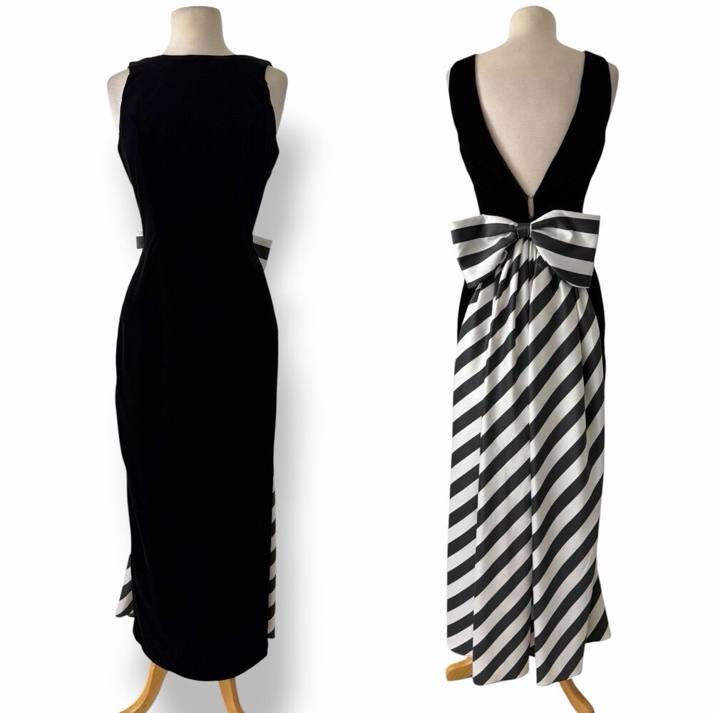 VTG 90s Dave & Johnny Black Velvet Open Back Striped Bow Maxi Gown Dress Size 8